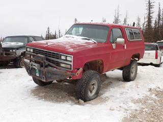 1989 Chevrolet Silverado Blazer 4X4 c/w 5.7L, Kodiak 12,000lb 12VDC Winch And LT315/75R16 Tires. Showing 291,802kms. VIN 2BG406158KF159406 *Note: No Keys, Running Condition Unknown, Buyer Responsible For Removal* **Located In Fort McMurray**