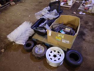 Qty Of Assorted Tires, Rims, Storage Cabinet, Handles, Lawn Mower Bags, Brush And Assorted Supplies **Located In Fort McMurray**