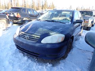 2004 Toyota Corolla CE 4-Door Sedan c/w 1.8L, A/T And 185/65R15 Tires. VIN JTDBR32E042017979 *Note: Windshield Cracked, Minor Rust And Scratches, Previously Registered In PEI, No Key, Running Condition Unknown, Buyer Responsible For Removal* **Located In Fort McMurray**