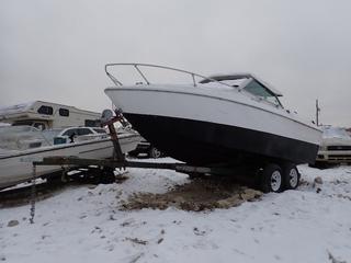 Calkins 19Y 19ft Fiberform Boat w/ V8 Gas Engine SN 8206710 c/w 19ft T/A Boat Trailer w/ 2in Ball Hitch And ST205/75R15. *Note: Hitch Frame Slightly Bent, Running Condition Unknown, Buyer Responsible For Removal* **Located In Fort McMurray**
