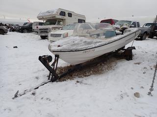 Vanguard Fireball 15ft Boat w/ Johnson 100 Outboard Motor SN 17319 c/w 15ft S/A Boat Trailer. *Note: Unable To Verify VIN, Both Tires Off Bead, Outboard Motor Hinges Broken, Running Condition Unknown, Buyer Responsible For Removal* **Located In Fort McMurray**