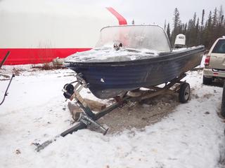 Steury 415C 14ft Boat w/ Johnson 65HP Outboard Motor c/w Calkins 16ft S/A Boat Trailer w/ 4.80-12 Tires *Note: No Trailer VIN, Running Condition Unknown*  **Located In Fort McMurray**
