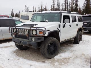 2005 Hummer H2 4X4 SUV c/w 6.0L, A/T, Power Sunroof And 35X12.50R20 Tires. VIN 5GRGN23U55H132382 *Note: Rust Throughout Body, Driver Side Window Smashed, No Key, Running Condition Unknown, Buyer Responsible For Removal* **Located In Fort McMurray**