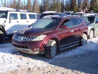 2007 Nissan Murano SE AWD SUV c/w 3.5L V6, A/T, Power Sunroof And 255/55R18 Tires. VIN JN8AZ08W27W663620 *Note: Ignition damaged, No Key, Minor Rust, Dent In Rear Quarter Panel, Running Condition Unknown, Buyer Responsible For Removal **Located In Fort McMurray**