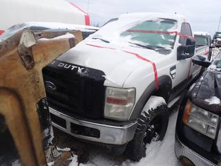 2008 Ford F250 XLT Super Duty 4X4 Pickup c/w 35X12.50R18LT Tires. VIN 1FTNF21548ED43466 *Note: Ignition Damaged, Passenger Side Window Broken, Steering Wheel Cluster Taken Apart, No Key, Running Condition Unknown, Buyer Responsible For Removal* **Located In Fort McMurray**