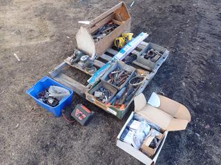 Wooden Toolbox c/w Sander, Light, Hand Saw, Drill Bits, Pistons, Screwdrivers, Allen Keys And Assorted Supplies **Located In Edmonton**