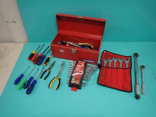 Toolbox c/w Wrenches, Screwdrivers, Pliers, Torque Wrench, Incomplete Husky Wrench Set, And Sunnex Tool 20mm - 24mm Wrench Set **Located In Edmonton**