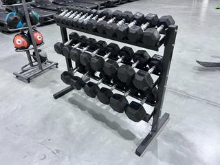 24in X 53in X 42in Dumbbell Rack c/w (2) 70lb, (2) 60lb, (2) 50lb, (2) 45lb, (2) 40lb, (2) 35lb, (2) 30lb, (2) 20lb, (2) 15lb, (2) 12lb  And (7) 5lb Dumbbells