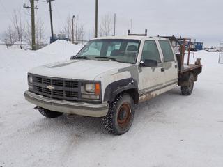 1998 Chevrolet Cheyenne 3500 4X4 Crew Cab Flat Deck c/w V8, A/T, 8ft X 6 1/2ft Deck And LT245/75R16 Tires. Showing 73,289kms. VIN 1GCHK33R4WF065366 *Note: Turns Over Does Not Start, Rust* *PL#50 **LOCATED @ 210 MACDONALD CRESCENT, FORT MCMURRAY, AB**