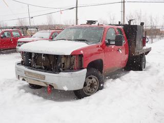 2012 Chevrolet Silverado 3500 4X4 Extended Cab Flat Deck c/w 6L, V8, A/T, 8ft X 8ft Deck, Hose, Reel, Vise, Storage Cabinets And LT235/80R17 Tires. Showing 146,535kms. VIN 1GC5KZCG1CZ124775 *Note: No Front Grille, No Passenger Front Door, Runs, Drive Shaft Broken, Check Engine Light On* *PL#54 **LOCATED @ 210 MACDONALD CRESCENT, FORT MCMURRAY, AB**