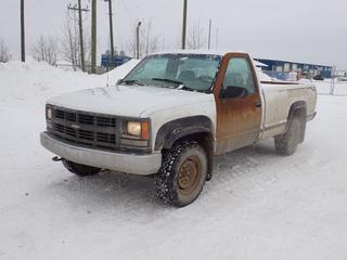 2000 Chevrolet Silverado 2500 4X4 Pickup c/w 5.7L, V8, A/T And LT245/75R16 Tires. Showing 134,806kms. VIN 1GCGK24R9YR166506 *Note: Rust, Hole In Floor, Dents, No Climate Controls* *PL#59 **LOCATED @ 210 MACDONALD CRESCENT, FORT MCMURRAY, AB**