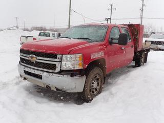 2013 Chevrolet Silverado 3500HD 4X4 Crew Cab Flat Deck c/w 6L, A/T, 8ft X 6 1/2ft Deck, Storage Cabinet And LT265/70R18 Tires. Showing 116,964kms. VIN 1GB4KZCGXDF140332 *Note: No Response From Ignition, Rust, Scratches, Running Condition Unknown* *PL#62 **LOCATED @ 210 MACDONALD CRESCENT, FORT MCMURRAY, AB**