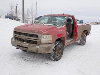 2008 Chevrolet Silverado 2500HD 4X4 Pickup c/w V8, A/T And LT245/75R16 Tires. Showing 219,442kms. VIN 1GCHK24K88E114895 *Note: Driver Door Missing, Dents, Rust, Box, Tailgate And Back Bumper Damaged, Tail Light Missing* *PL#64 **LOCATED @ 210 MACDONALD CRESCENT, FORT MCMURRAY, AB**