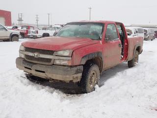 2004 Chevrolet Silverado 3500 4X4 Extended Cab Pickup c/w 3100 Vortec, A/T And LT265/75R16 Tires. Showing 224,832kms. VIN 1GCHK29G36E283904 *Note: Rust, Dents, Scratches, Back Door Driver Side Missing, Engine Light On* *PL#66 **LOCATED @ 210 MACDONALD CRESCENT, FORT MCMURRAY, AB**