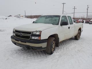 2006 Chevrolet Silverado 4X4 Extended Cab Pickup c/w V8, A/T And LT245/70R17 Tires. VIN 1GCEK19V56Z302988 *Note: No Steering Wheel, Rust, Running Condition Unknown* PL#72 **LOCATED @ 210 MACDONALD CRESCENT, FORT MCMURRAY, AB**