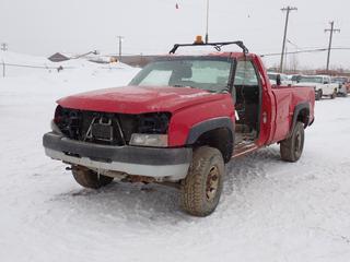 2005 Chevrolet Silverado 3500 4X4 Pickup c/w LT265/75R16 Tires. VIN 1GCHK34GX5E310107 *Note: No Driver Seat, No Doors, Parts Only, Running Condition Unknown* PL#73 **LOCATED @ 210 MACDONALD CRESCENT, FORT MCMURRAY, AB**