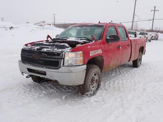 2011 Chevrolet Silverado 3500 4X4 Crew Cab Pickup c/w V8, A/T And LT265/70R17 Tires. Showing 327,992kms. VIN 1GC4KZCG2BF193504 *Note: Rust, Engine Light On, Back Bumper Damaged, No Hood, Dash Apart, Passenger Window Missing, No Tail Lights, Runs, Reduced Engine Power, No Acceleration Throttle Foot Pedal* *PL#75 **LOCATED @ 210 MACDONALD CRESCENT, FORT MCMURRAY, AB**