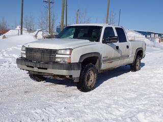 2007 Chevrolet Silverado 2500HD 4X4 Crew Cab Pickup c/w 6L, V8, A/T And LT245/75R16 Tires. VIN 1GCHK23U97F138490 *Note: Unable To Verify Mileage, Rust, Scratches, Dents, Door Handle Missing* *PL#76 **LOCATED @ 210 MACDONALD CRESCENT, FORT MCMURRAY, AB**