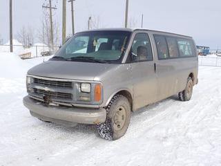2001 Chevrolet Express 2500 Van c/w 5.7L, A/T, Buggy Whips And LT235/85R16 Tires. Showing 136,969kms. VIN 1GAGG29R911203092 *Note: Dash Apart, Grille Broken, Rust* PL#87 **LOCATED @ 210 MACDONALD CRESCENT, FORT MCMURRAY, AB**