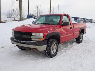 2002 Chevrolet Silverado 2500HD 4X4 Pickup c/w 6L, V8, A/T And LT245/75R16 Tires. Showing 115,385kms. VIN 1GCHK24U62E288506 *Note: Driver And Passenger Door Damaged, Engine Light On, Rust, Dents, Hole In Drivers Door* *PL#91 **LOCATED @ 210 MACDONALD CRESCENT, FORT MCMURRAY, AB**