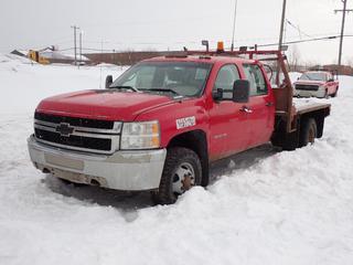 2011 Chevrolet Silverado 3500HD 4X4 Crew Cab Dually Flat Deck c/w 6L, V8, A/T, 9ft X 8ft Deck And LT245/75R17 Tires. Showing 205,904kms. VIN 1GB4KZCG5BF168181 *Note: Dash Apart Under Wheel, Driver Door Handle Broken, Rust, Engine Light And ABS Light On, Reduced Engine Power** *PL#92 **LOCATED @ 210 MACDONALD CRESCENT, FORT MCMURRAY, AB**
