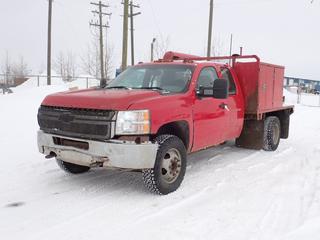 2011 Chevrolet Silverado 4X4 Dually Flat Deck c/w 6L, V8, A/T, Ventures 9ft X 8ft Deck, Storage Cabinets, Air Tank, Hose, Reel, Pintle Hitch And LT235/80R17 Tires. Showing 183,002kms. VIN 1GC5KZCG0BZ251144 *Note: Rust, Scratches, Dents, Front Bumper Damaged* *PL#94 **LOCATED @ 210 MACDONALD CRESCENT, FORT MCMURRAY, AB**
