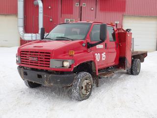 2007 GMC C4500 4X4 Crew Cab Flat Deck  c/w V8 Gas Eng, A/T, 12ft X 8ft Deck, Storage Cabinets, 225/70R19.5 Front And 245/70R19.5 Rear Tires. Showing 74,675kms. VIN 1GDE4E3G47F416460 *Note: (1) Cabinet Door Missing, Front Fender And Mirror Damaged Drivers Side* *PL#1 **LOCATED @ 210 MACDONALD CRESCENT, FORT MCMURRAY, AB**