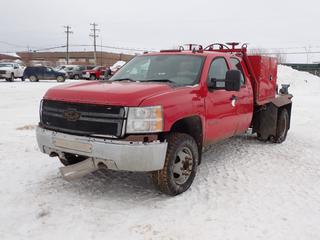2012 Chevrolet Silverado 2500HD 4X4 Extended Cab Flat Deck c/w 6L, V8, A/T, 9ft X 6 1/2ft Deck, Storage Boxes, Vise And LT245/75R17 Tires. VIN 1GC5KZCG6CZ124447 *Note: No Steering Wheel, Parts Of Dash Missing, Rust, Dents, Running Condition Unknown* *PL#14
 **LOCATED @ 210 MACDONALD CRESCENT, FORT MCMURRAY, AB**