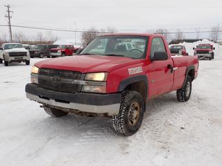 2004 Chevrolet Silverado 3500HD 4X4 Pickup c/w V8, A/T And LT235/75R16 Tires. Showing 123,868kms. VIN 1GCHK34G14E358867 *Note: Hole In Cab Corner And Box, No Heat/AC, Door Handle Broken* *PL#33 **LOCATED @ 210 MACDONALD CRESCENT, FORT MCMURRAY, AB**