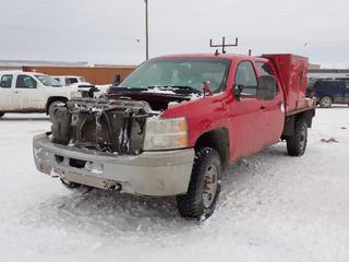 2012 Chevrolet Silverado 3500HD 4X4 Crew Cab Flat Deck c/w 6.0L, V8, A/T, General 8ft X 6 1/2ft Deck And LT265/70R17 Tires. Showing 204,890kms. VIN 1GB4KZCG8CF123642 *Note: No Hood Or Grille, Dash Apart, Door Handle Missing, Engine Requires Repairs, Running Condition Unknown* *PL#40 **LOCATED @ 210 MACDONALD CRESCENT, FORT MCMURRAY, AB**