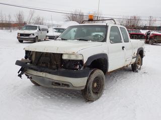 2001 Chevrolet Silverado 4X4 Extended Cab Pickup c/w 6.0L, V8, A/T And LT245/75R16 Tires. Showing 259,878kms. VIN 1GCHK29U31Z287443 *Note: Rear Bumper Damaged, Dents, Dash Apart, Rear Tire Missing, Driver Side Seat Missing, Running Condition Unknown* PL#51 **LOCATED @ 210 MACDONALD CRESCENT, FORT MCMURRAY, AB**