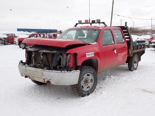 2013 Chevrolet Silverado 3500 4X4 Crew Cab Flat Deck c/w 6L, A/T, 7ft X 7ft Deck And LT265/70R17 Tires. VIN 1GC4KZCG3DF226674 *Note: Front Grille And Lights Missing, No Passenger Door, No Steering Wheel, Dash Apart, Running Condition Unknown* *PL#18 **LOCATED @ 210 MACDONALD CRESCENT, FORT MCMURRAY, AB**