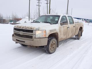 2010 Chevrolet Silverado 2500 4X4 Crew Cab Pickup c/w 6L, V8, A/T And LT245/75R16 Tires. Showing 527,971kms. VIN 1GC4KVBG9AF108554 *Note: Rust, Hole In Floor, Door Handle Broken, Dents* *PL#93 **LOCATED @ 210 MACDONALD CRESCENT, FORT MCMURRAY, AB**