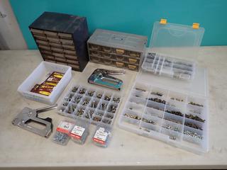 Qty Of Nuts, Bolts, Screws, Staples And (2) Staplers ** LOCATED IN EDMONTON**