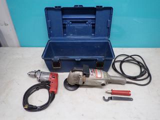 Milwaukee 115V 9in Angle Grinder c/w Milwaukee 120V 3/8in Drill And Storage Box **LOCATED IN EDMONTON**