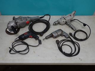 Wolf 115V 7in Angle Grinder, Rockwell 115V 1/2in Drill, 115V Drill And Skil 120V 3/8in Drill **LOCATED IN EDMONTON**