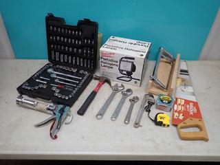 Portable Halogen Lamp, Husky 9mm - 19mm Socket Set, (3) Adjustable Wrenches, Hand Saws And Assorted Supplies **LOCATED IN EDMONTON**