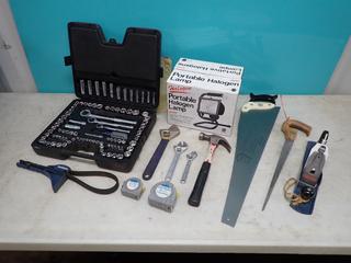 Portable Halogen Lamp, Craftsman Socket Set, Adjustable Wrenches, Hand Saw, Measuring Tapes And Assorted Supplies **LOCATED IN EDMONTON**