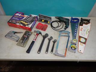 Project Gear Socket Set, Engraver, Adjustable Wrenches, Measuring Tapes, Hand Saw, 3/8in Drill And Assorted Supplies **LOCATED IN EDMONTON**