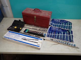 Gray 1/4in - 3/4in Wrench Set, Gray 6mm - 19mm Wrench Set, Jet Rivet Tool, Tool box And Qty Of Sockets **LOCATED IN EDMONTON**