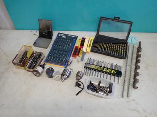 Qty Of Drill Bits, Auger Bits, Ultra Pro Screwdriver Set, Hole Saw Bits, 1/4in - 1in Wood Drill Bits And Qty Of Drill Chucks **LOCATED IN EDMONTON**