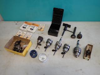 Qty Of Drill Chucks, Drill Chuck Keys, 1/4in - 13/32in Drill Bits And Hole Saw Bits **LOCATED IN EDMONTON**