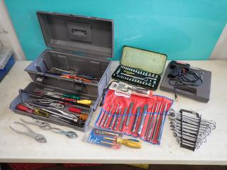 Proto Chisel And Punch Set, 1/4in - 7/8in Wrench Set, Mastercraft Screwdriver Set, Solder Gun, Socket Set, Toolbox And Qty Of Tools **LOCATED IN EDMONTON**
