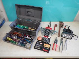 Rivet Gun c/w Rivets, 1/4in - 7/8in Wrench Set, Pipe Wrenches, Pliers, Toolbox And Qty Of Tools **LOCATED IN EDMONTON**