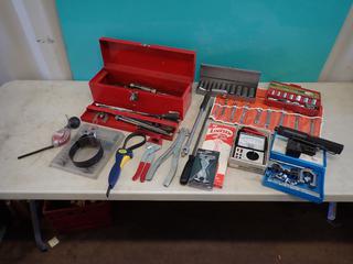 Weatherhead Flaring Tool, Portable 43-Tange Multitester, 3/8in - 3/4in Wrench Set, Filter Wrench, Pry Bar, Toolbox, Qty Of Hand Reamers, (2) Light Truck Cross Chain Tools And Assorted Supplies **LOCATED IN EDMONTON**