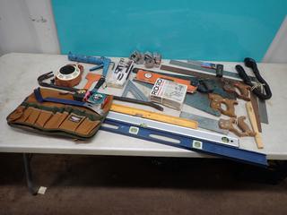Qty Of Levels, Hand Saws, Squares, Rivet Gun, Measuring Tapes, Ridgid Miter Saw Clamp, Tool Pouch And Pry Bar **LOCATED IN EDMONTON**