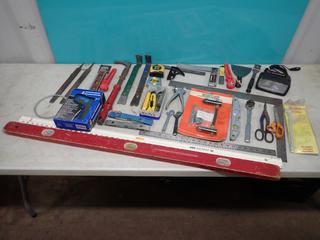 Qty Of Levels, Squares, Files, Knives, Scrapers, Brake Bleeder Adaptor, Pry Bars, Powerfist Infrared Thermometer And Assorted Supplies **LOCATED IN EDMONTON**