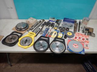 Qty Of Drill Bits, Wrenches, Grinding Wheels, Jig Saw Blades, Files, Taps, Dies And Assorted Saw Blades **LOCATED IN EDMONTON**