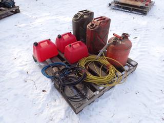 Qty Of Steel Fuel Cans, Jerry Cans, Trouble Light And Extension Cords **LOCATED IN EDMONTON**