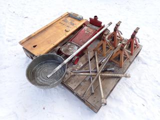 Qty Of (4) Axle Stands, Black Hawk 1/2-Ton Service Jack, Wheel Wrenches, Oil Pan And Blue Point Creeper **LOCATED IN EDMONTON**